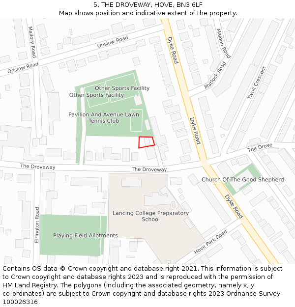 5, THE DROVEWAY, HOVE, BN3 6LF: Location map and indicative extent of plot