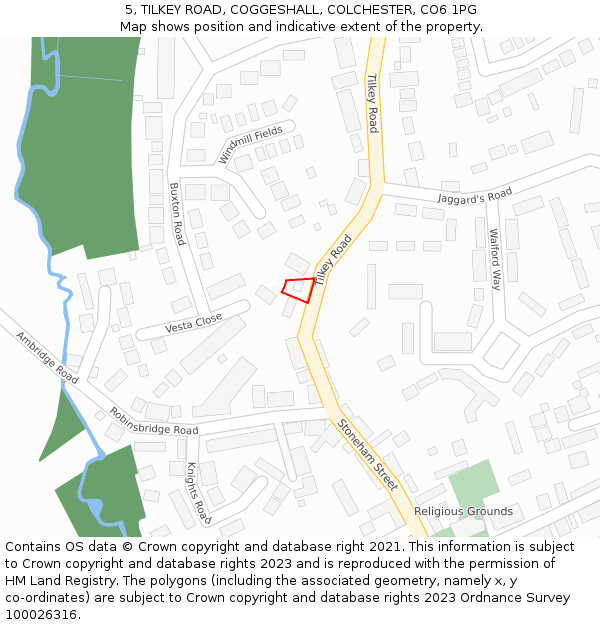 5, TILKEY ROAD, COGGESHALL, COLCHESTER, CO6 1PG: Location map and indicative extent of plot