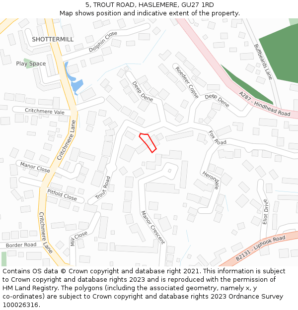 5, TROUT ROAD, HASLEMERE, GU27 1RD: Location map and indicative extent of plot