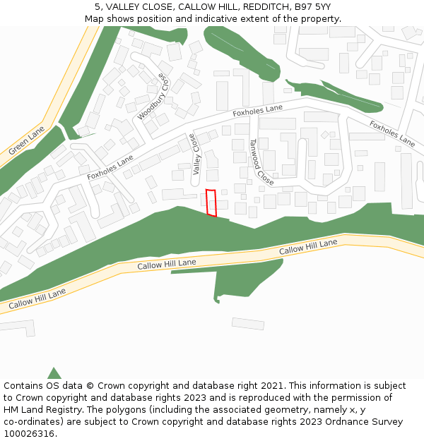 5, VALLEY CLOSE, CALLOW HILL, REDDITCH, B97 5YY: Location map and indicative extent of plot