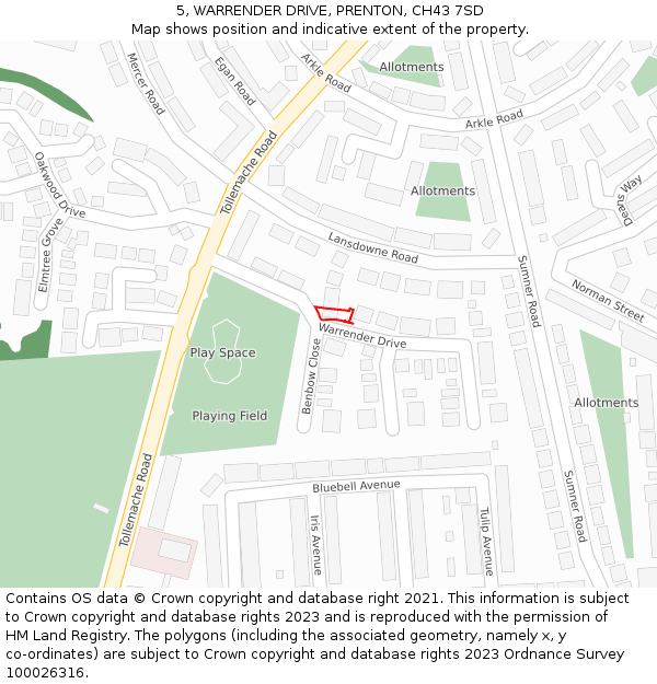 5, WARRENDER DRIVE, PRENTON, CH43 7SD: Location map and indicative extent of plot