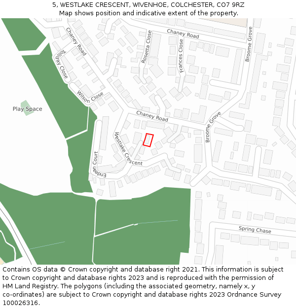 5, WESTLAKE CRESCENT, WIVENHOE, COLCHESTER, CO7 9RZ: Location map and indicative extent of plot