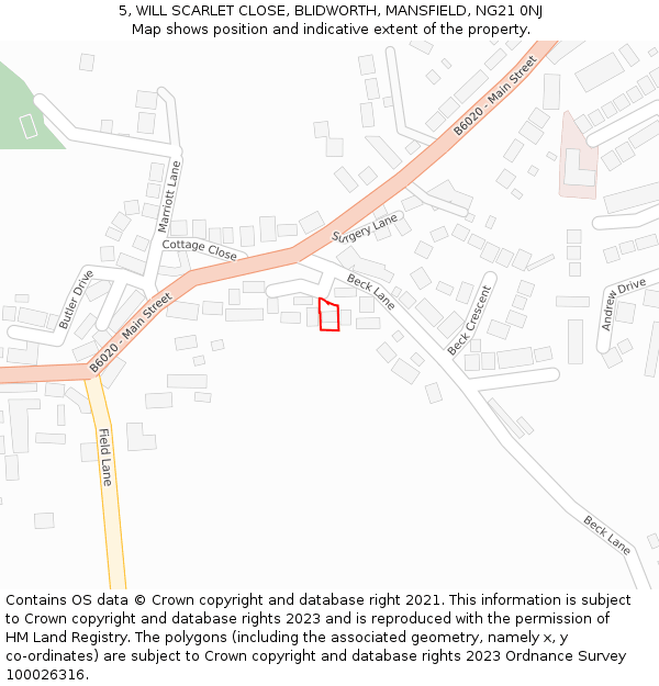 5, WILL SCARLET CLOSE, BLIDWORTH, MANSFIELD, NG21 0NJ: Location map and indicative extent of plot