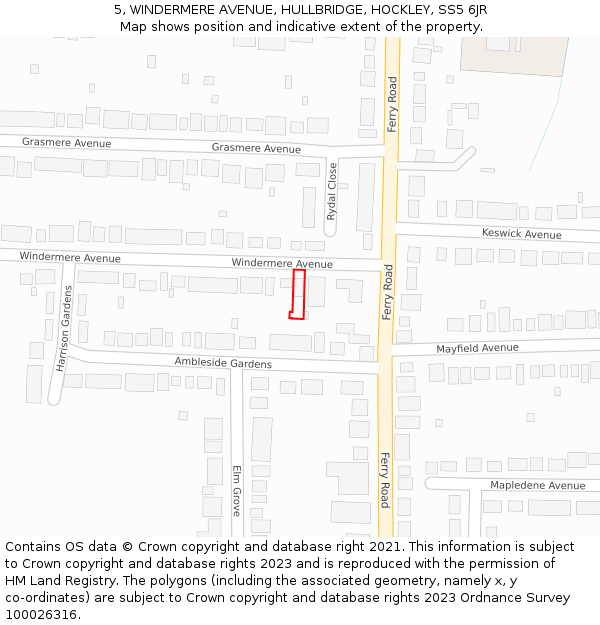 5, WINDERMERE AVENUE, HULLBRIDGE, HOCKLEY, SS5 6JR: Location map and indicative extent of plot