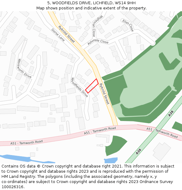 5, WOODFIELDS DRIVE, LICHFIELD, WS14 9HH: Location map and indicative extent of plot