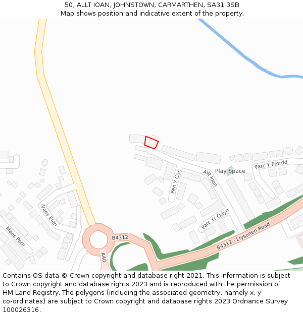 50, ALLT IOAN, JOHNSTOWN, CARMARTHEN, SA31 3SB: Location map and indicative extent of plot