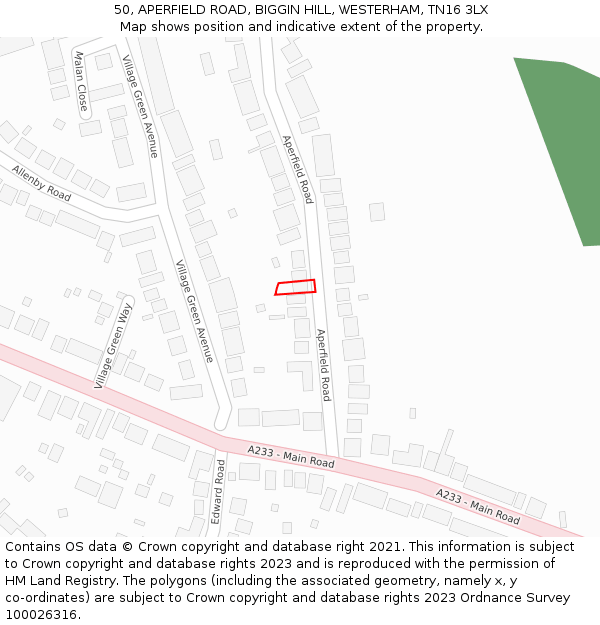 50, APERFIELD ROAD, BIGGIN HILL, WESTERHAM, TN16 3LX: Location map and indicative extent of plot