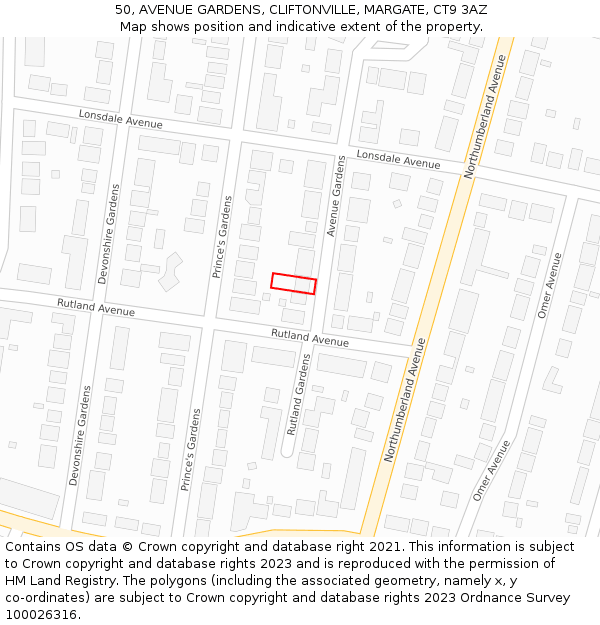 50, AVENUE GARDENS, CLIFTONVILLE, MARGATE, CT9 3AZ: Location map and indicative extent of plot