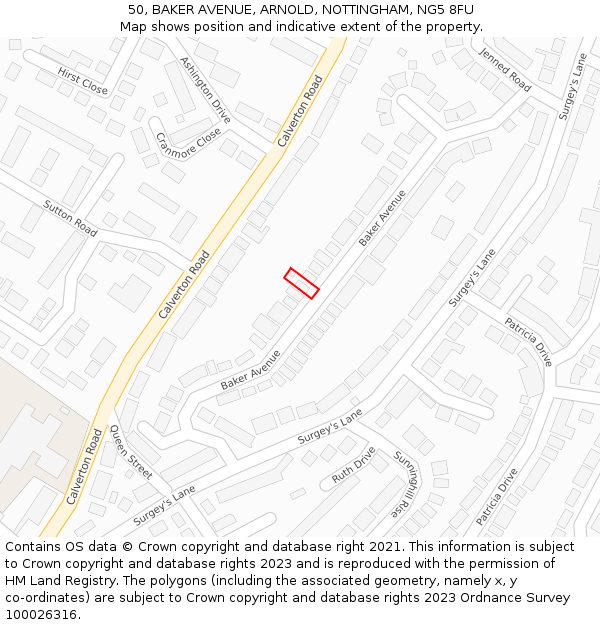 50, BAKER AVENUE, ARNOLD, NOTTINGHAM, NG5 8FU: Location map and indicative extent of plot