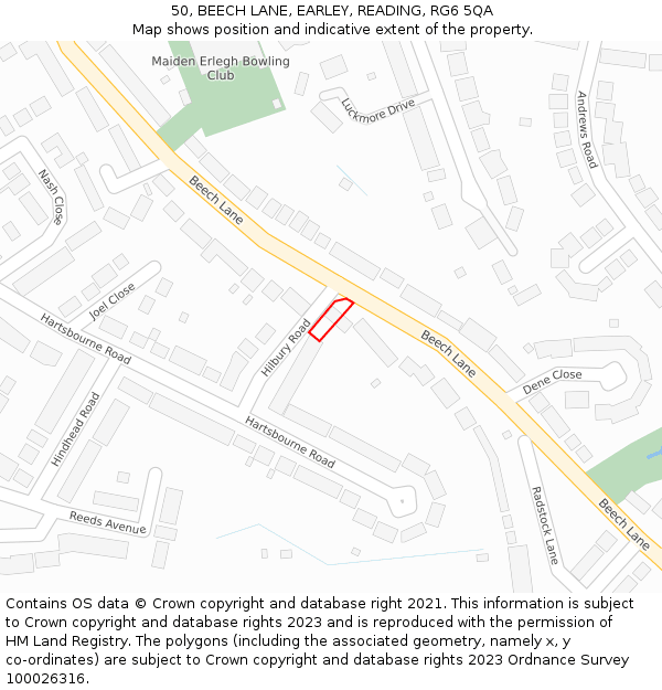 50, BEECH LANE, EARLEY, READING, RG6 5QA: Location map and indicative extent of plot