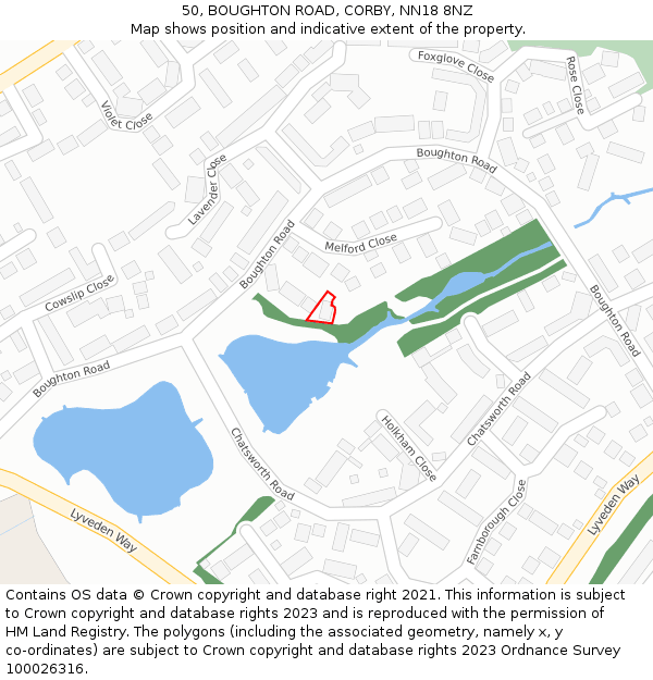 50, BOUGHTON ROAD, CORBY, NN18 8NZ: Location map and indicative extent of plot