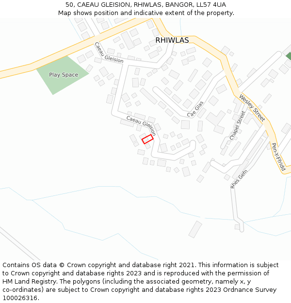 50, CAEAU GLEISION, RHIWLAS, BANGOR, LL57 4UA: Location map and indicative extent of plot