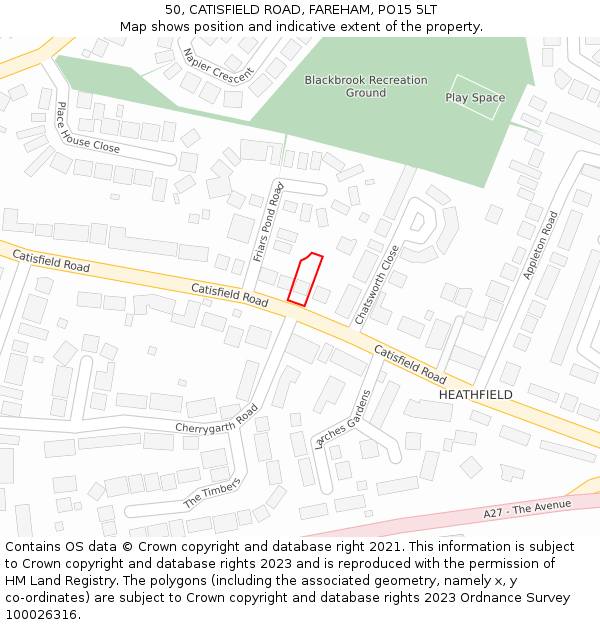 50, CATISFIELD ROAD, FAREHAM, PO15 5LT: Location map and indicative extent of plot