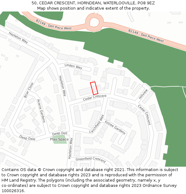 50, CEDAR CRESCENT, HORNDEAN, WATERLOOVILLE, PO8 9EZ: Location map and indicative extent of plot