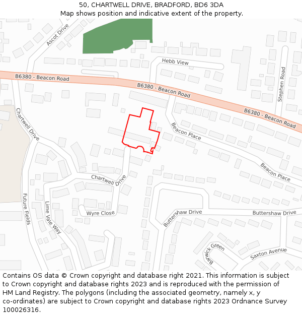 50, CHARTWELL DRIVE, BRADFORD, BD6 3DA: Location map and indicative extent of plot