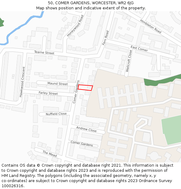 50, COMER GARDENS, WORCESTER, WR2 6JG: Location map and indicative extent of plot