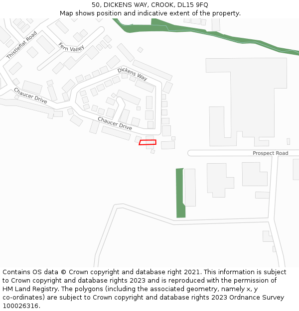 50, DICKENS WAY, CROOK, DL15 9FQ: Location map and indicative extent of plot