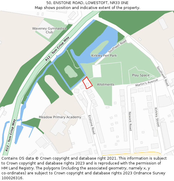 50, ENSTONE ROAD, LOWESTOFT, NR33 0NE: Location map and indicative extent of plot