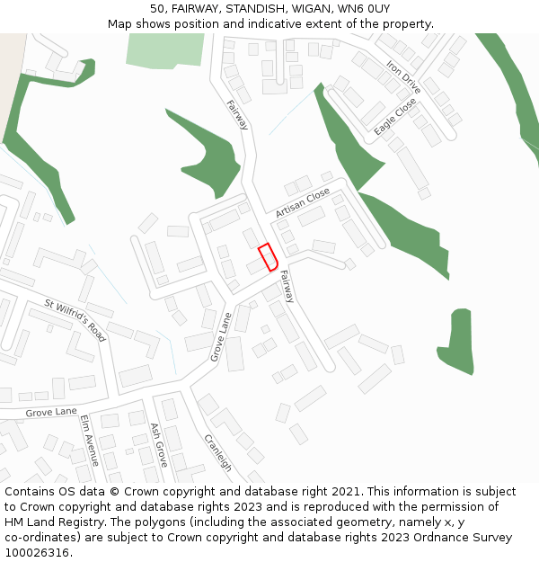 50, FAIRWAY, STANDISH, WIGAN, WN6 0UY: Location map and indicative extent of plot