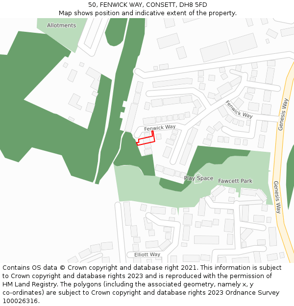 50, FENWICK WAY, CONSETT, DH8 5FD: Location map and indicative extent of plot