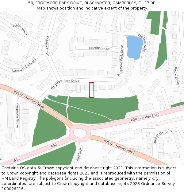 50, FROGMORE PARK DRIVE, BLACKWATER, CAMBERLEY, GU17 0PJ: Location map and indicative extent of plot