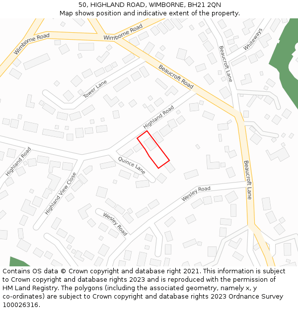 50, HIGHLAND ROAD, WIMBORNE, BH21 2QN: Location map and indicative extent of plot