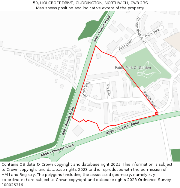 50, HOLCROFT DRIVE, CUDDINGTON, NORTHWICH, CW8 2BS: Location map and indicative extent of plot