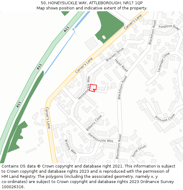 50, HONEYSUCKLE WAY, ATTLEBOROUGH, NR17 1QP: Location map and indicative extent of plot