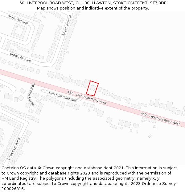 50, LIVERPOOL ROAD WEST, CHURCH LAWTON, STOKE-ON-TRENT, ST7 3DF: Location map and indicative extent of plot