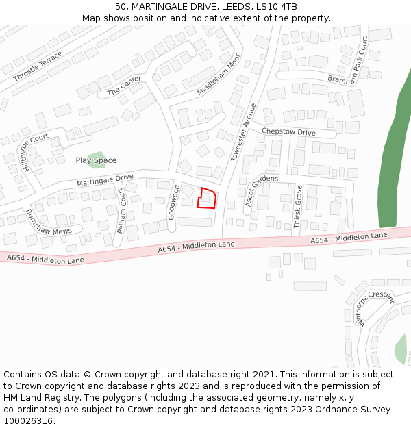 50, MARTINGALE DRIVE, LEEDS, LS10 4TB: Location map and indicative extent of plot