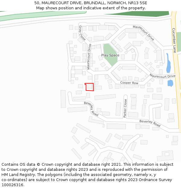 50, MAURECOURT DRIVE, BRUNDALL, NORWICH, NR13 5SE: Location map and indicative extent of plot