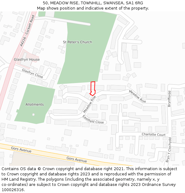 50, MEADOW RISE, TOWNHILL, SWANSEA, SA1 6RG: Location map and indicative extent of plot