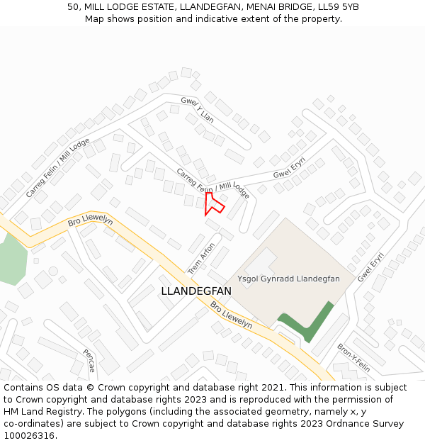 50, MILL LODGE ESTATE, LLANDEGFAN, MENAI BRIDGE, LL59 5YB: Location map and indicative extent of plot