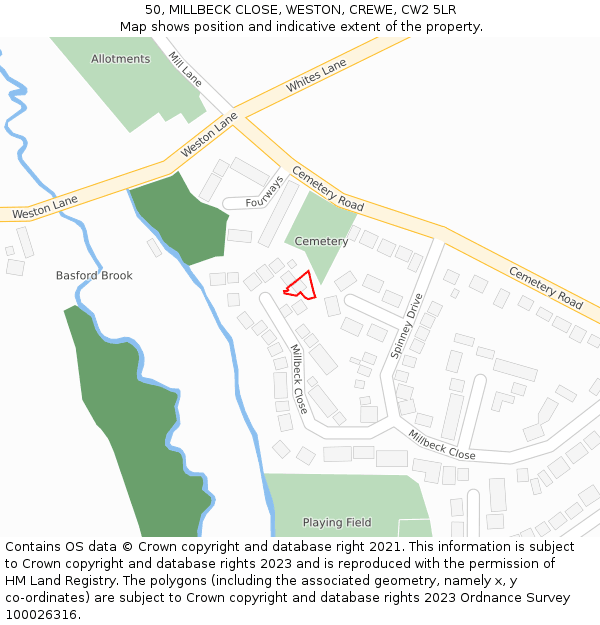 50, MILLBECK CLOSE, WESTON, CREWE, CW2 5LR: Location map and indicative extent of plot