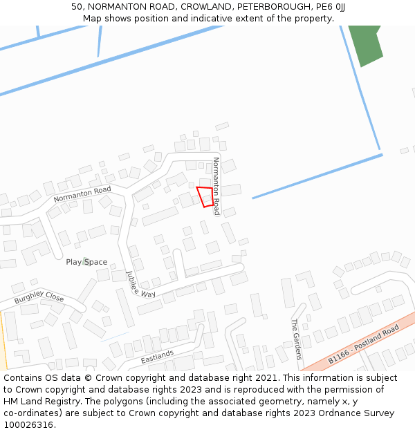 50, NORMANTON ROAD, CROWLAND, PETERBOROUGH, PE6 0JJ: Location map and indicative extent of plot