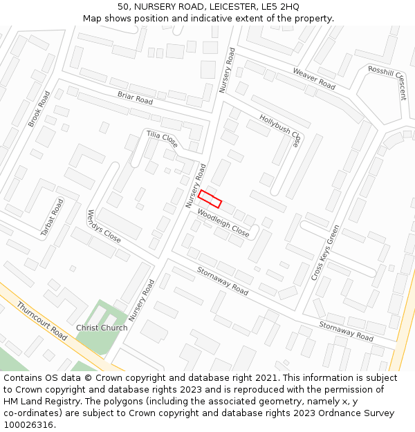 50, NURSERY ROAD, LEICESTER, LE5 2HQ: Location map and indicative extent of plot