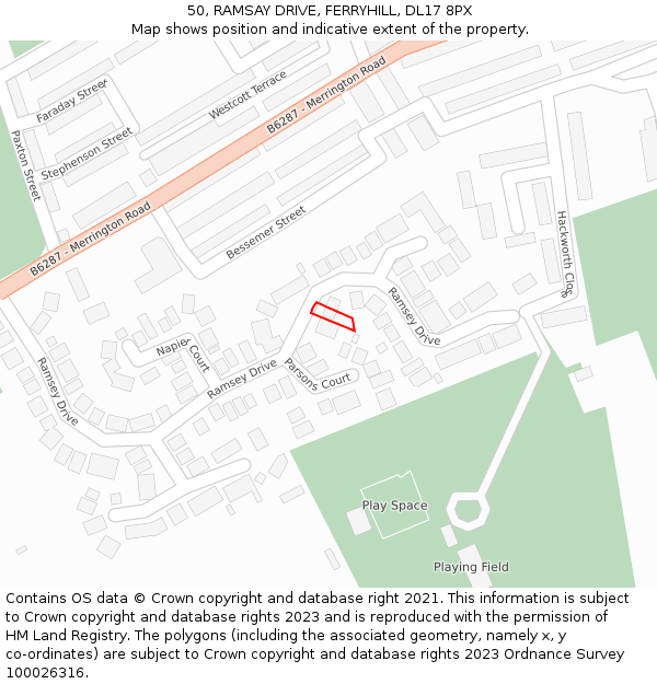 50, RAMSAY DRIVE, FERRYHILL, DL17 8PX: Location map and indicative extent of plot