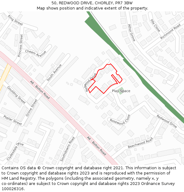 50, REDWOOD DRIVE, CHORLEY, PR7 3BW: Location map and indicative extent of plot