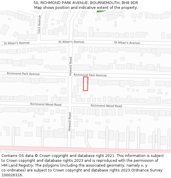 50, RICHMOND PARK AVENUE, BOURNEMOUTH, BH8 9DR: Location map and indicative extent of plot