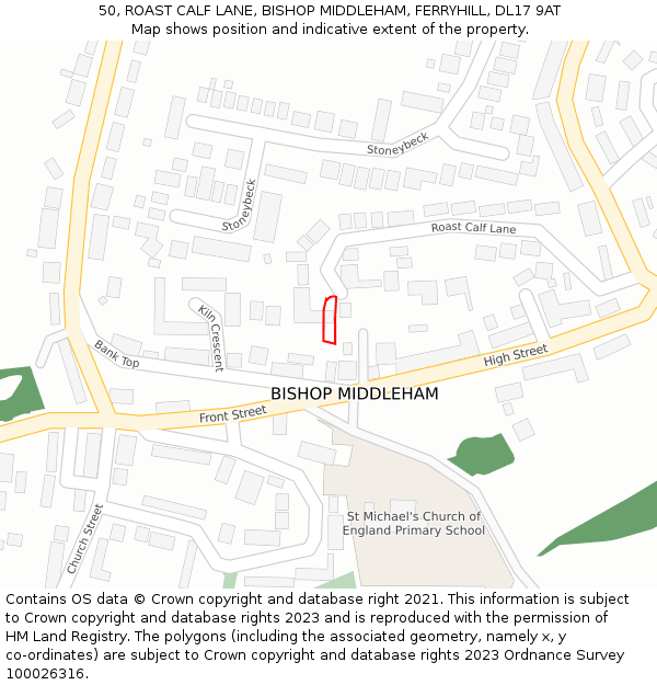 50, ROAST CALF LANE, BISHOP MIDDLEHAM, FERRYHILL, DL17 9AT: Location map and indicative extent of plot