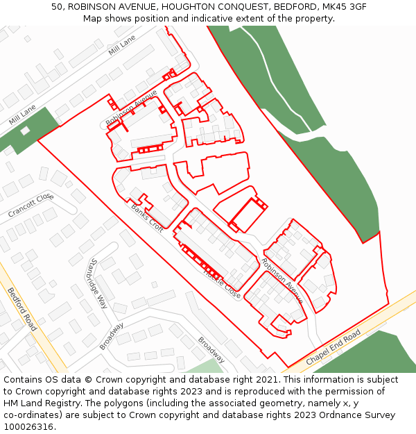 50, ROBINSON AVENUE, HOUGHTON CONQUEST, BEDFORD, MK45 3GF: Location map and indicative extent of plot