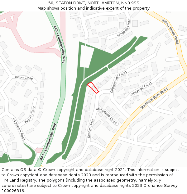 50, SEATON DRIVE, NORTHAMPTON, NN3 9SS: Location map and indicative extent of plot