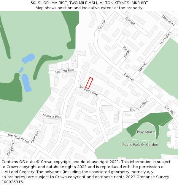 50, SHORHAM RISE, TWO MILE ASH, MILTON KEYNES, MK8 8BT: Location map and indicative extent of plot