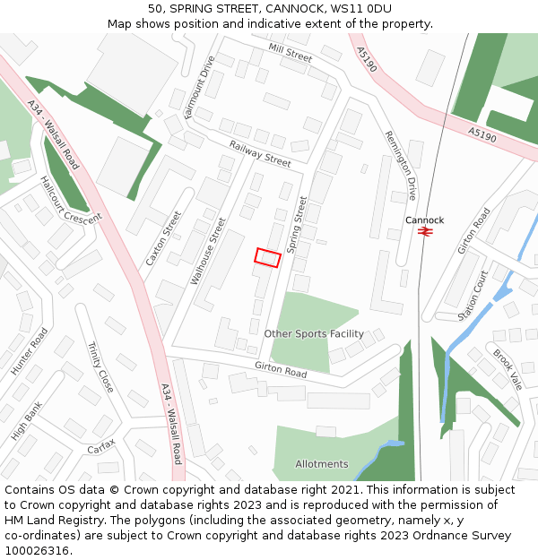 50, SPRING STREET, CANNOCK, WS11 0DU: Location map and indicative extent of plot