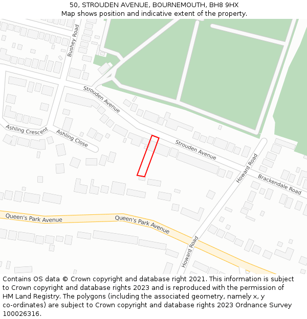 50, STROUDEN AVENUE, BOURNEMOUTH, BH8 9HX: Location map and indicative extent of plot