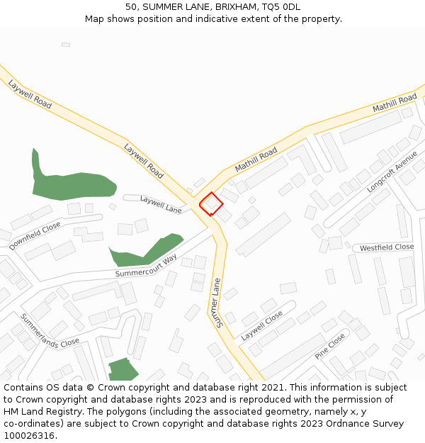 50, SUMMER LANE, BRIXHAM, TQ5 0DL: Location map and indicative extent of plot