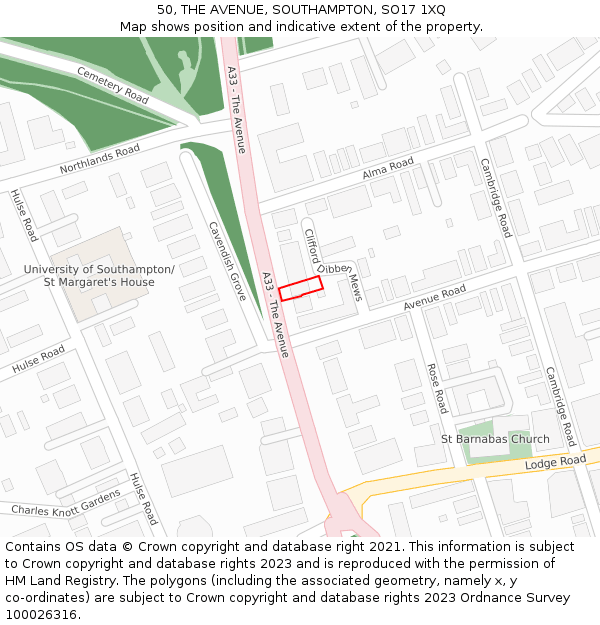 50, THE AVENUE, SOUTHAMPTON, SO17 1XQ: Location map and indicative extent of plot