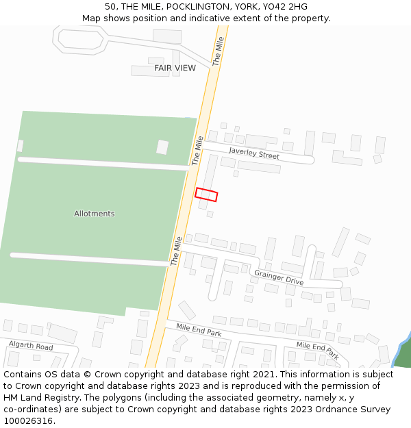 50, THE MILE, POCKLINGTON, YORK, YO42 2HG: Location map and indicative extent of plot