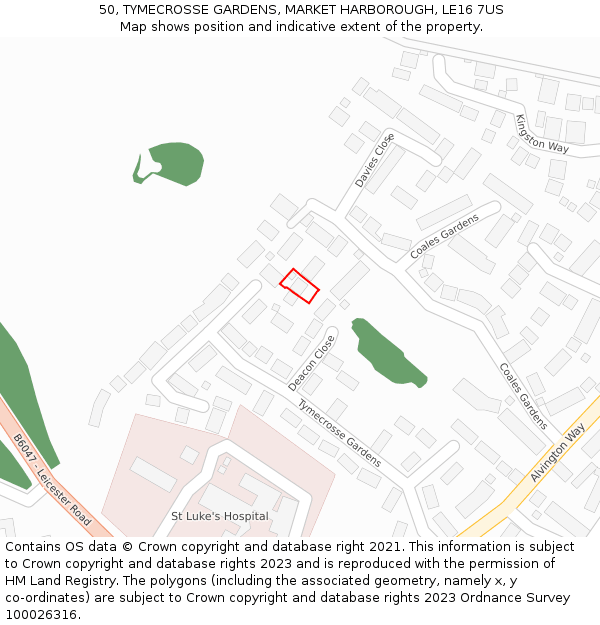 50, TYMECROSSE GARDENS, MARKET HARBOROUGH, LE16 7US: Location map and indicative extent of plot