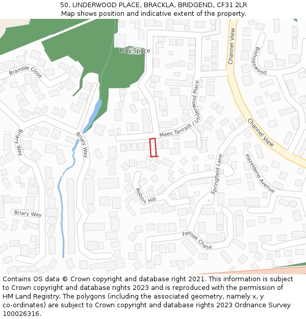 50, UNDERWOOD PLACE, BRACKLA, BRIDGEND, CF31 2LR: Location map and indicative extent of plot